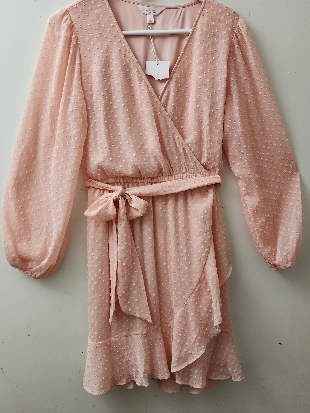 Lauren Conrad Peach Clip Dot Dress NWT Size M Coquette Fairy Ruffle Babydoll